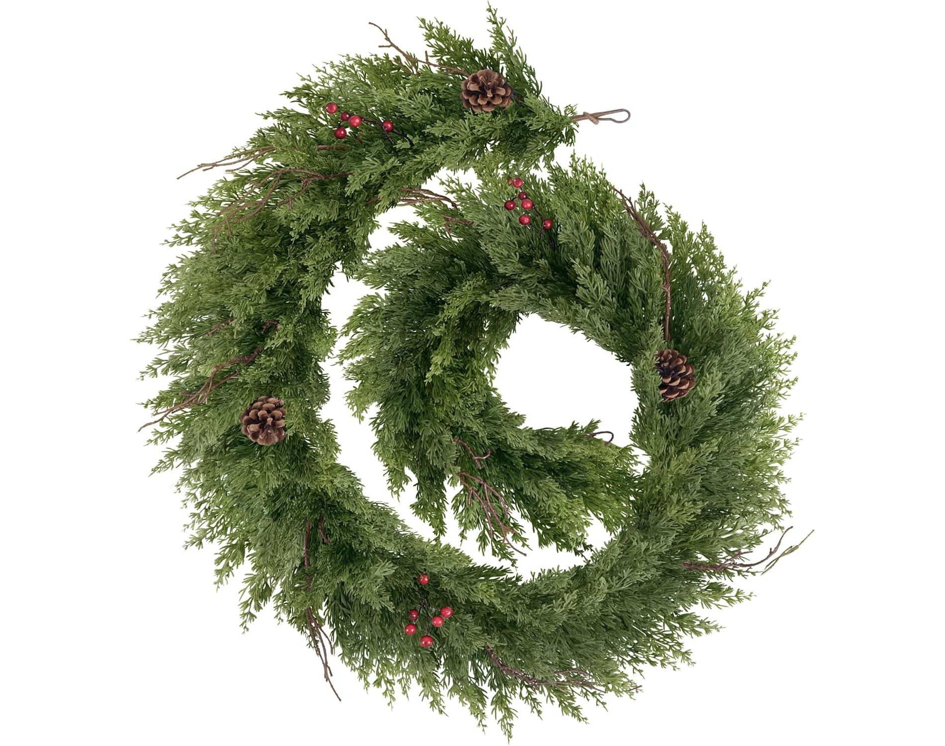 Vitalismo 6ft Artificial Christmas Garland Realistic Cypress Garland + Faux Pine Cones Berries Dead Branches for Fireplace Stairs Railing Dining Table