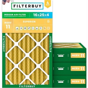 Filterbuy 16x25x4 Air Filter (4-Pack), Pleated MERV 11 Allergen Defense Replacement HVAC AC Furnace Filters (Actual Size: 15.50 x 24.50 x 3.63) - 1 of 4