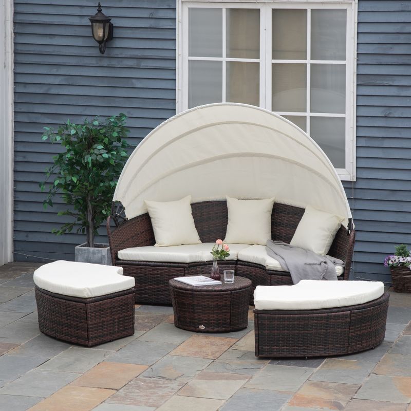Outsunny Round Daybed, 4-piece Cushioned Outdoor Rattan Wicker Sunbed or Conversational Sofa Set with Sun Canopy, 4 of 9