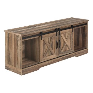 Reclaimed Wood Look TV Stand for TVs up to 60" with Barn Style Sliding Doors Brown - EveryRoom: Modern-Farmhouse Media Console - 1 of 4