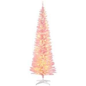 HOMCOM 6' Tall Pre-Lit Slim Noble Fir Artificial Christmas Tree with Realistic Branches, 200 Warm White LED Lights and 390 Tips - 1 of 4
