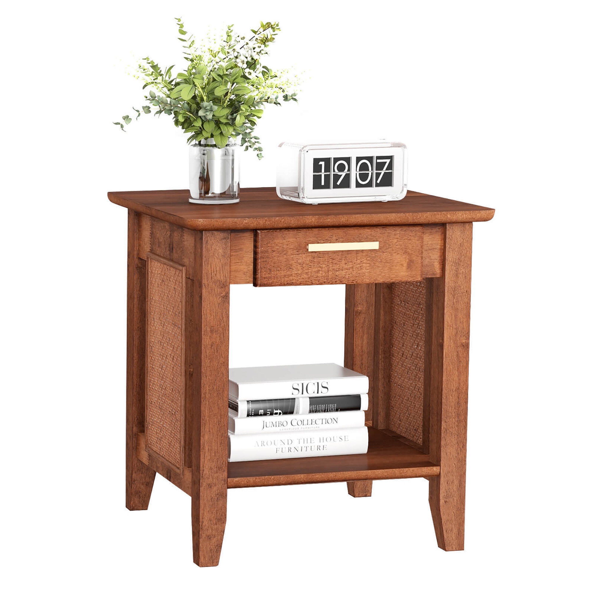 Costway Boho Style Nightstand 3-Tier Sofa Side End Table w/ Drawer & Shelf Walnut