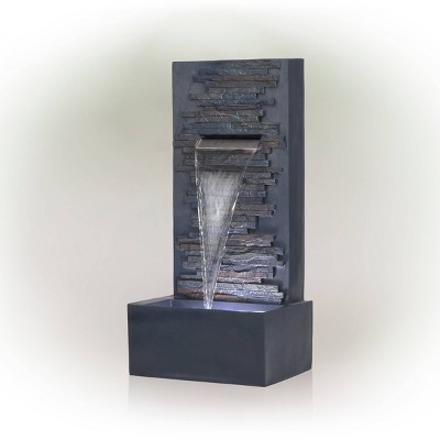 Gray Polystone and Fiberglass Cascading Wall Fountain with LED Lights
