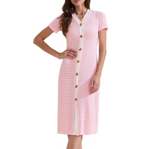 Женские платья INSPIRE CHIC Women's Button Down V-Neck Short Sleeve Striped Ribbed Knit Midi Dresses X-Small Pink