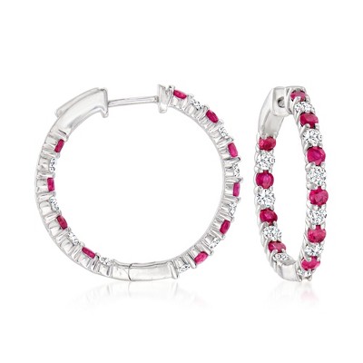 Ross-Simons 1.00 ct. t.w. Ruby and 1.00 ct. t.w. Diamond Inside-Outside Hoop Earrings in Sterling Silver