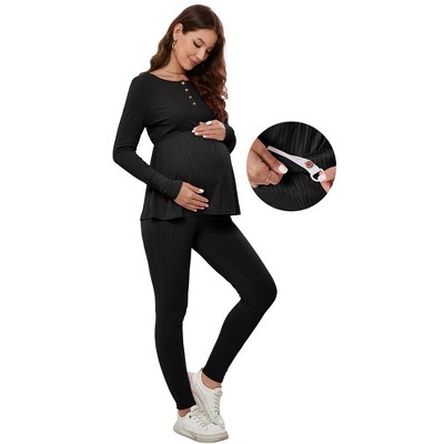 Maternity Adjustable Waist Bodycon Pajamas Sets with Front Button Peplum Top Ribbed Stretchy Lounge Sets for Pregnancy