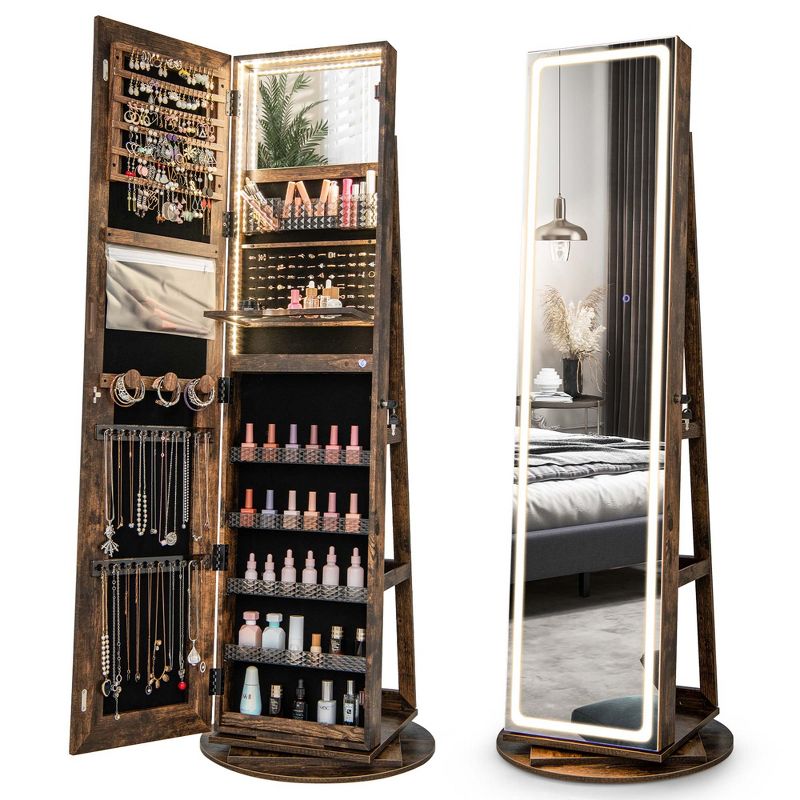 Costway 360° Swivel Jewelry Cabinet Organizer 3-Color LED Mirror with Built-in Lights Coffee/White/Black/Brown, 4 of 11