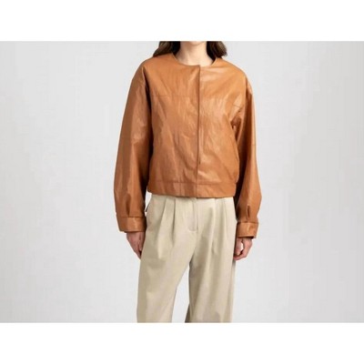 Women's Collarless Vintage Leather Jacket - Elle Grey