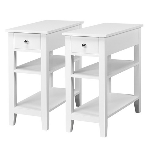  ZENODDLY Small Side Table with Drawer & 2 Shelves, 3 Tier Narrow  End Table with Storage, White End Tables for Living Room with Storage,  Elegant Wood Side Tables Living Room Table 