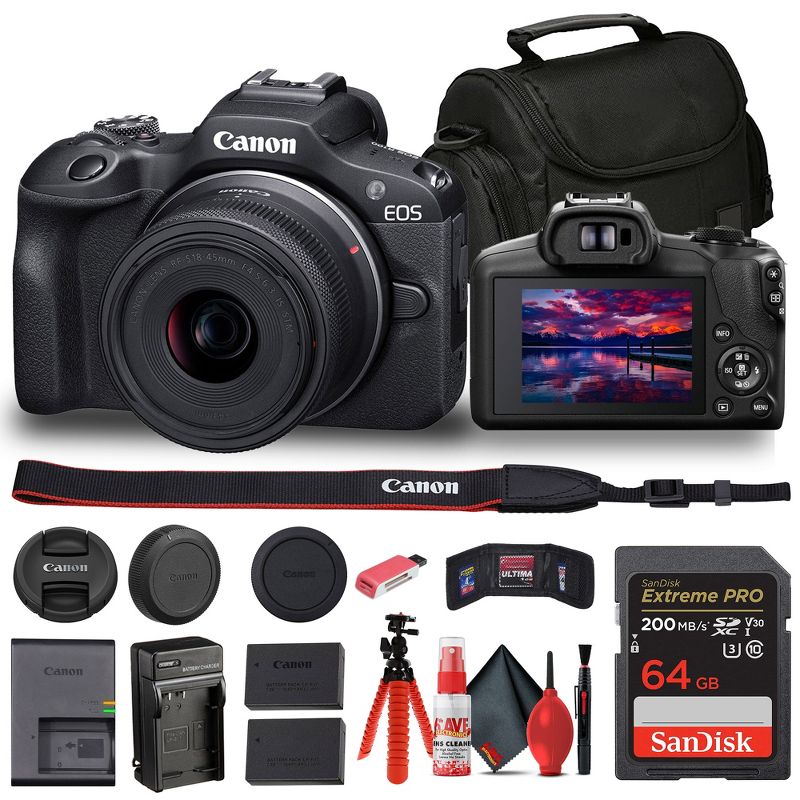 Canon EOS R100 Mirrorless Camera with 18-45mm Lens + Bag + 64GB Card + LPE17 Battery + More, 1 of 5