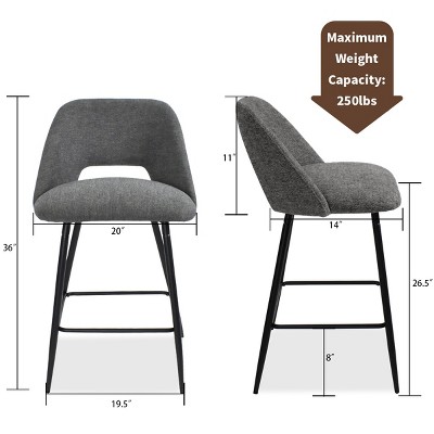 Dark Gray Upholstered Counter Height Stools with Black Metal Frame, Set of 2