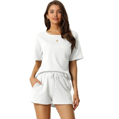cheibear Women's Casual Pullover Short Sleeve Sleepshirt with Shorts Waffle Pajama Sets