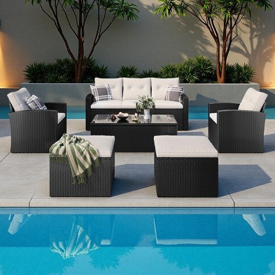 6-Pieces Outdoor Rattan Conversation Sofa Set with Coffee Table and 2 Ottoman