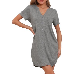cheibear Women's V-Neck Front Button Down Short Sleeve Nightgowns - 1 of 4