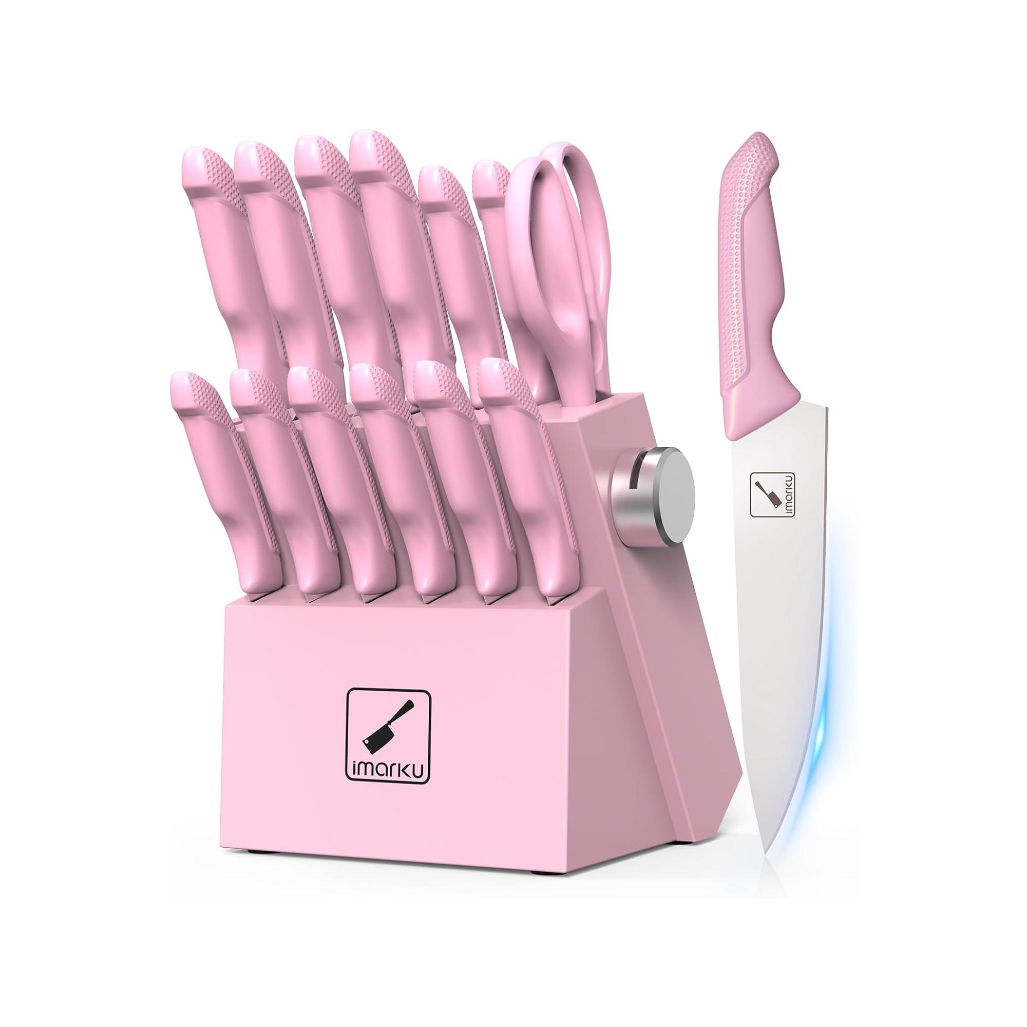 imarku Knife Set, Knife Set with Sharpener, Stainless Steel Kitchen Knife Set with Non-Slip Ergonomic Handle, 14 PCS, Pink, Valentines Day Gifts