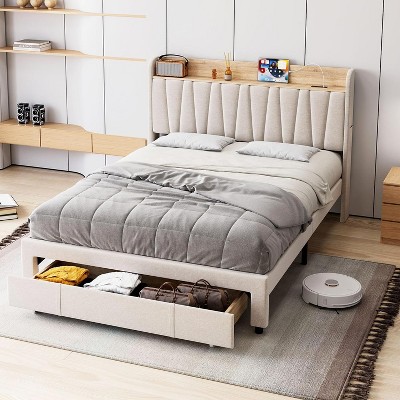 Upholstered Bed Frame with Storage Headboard and Charging Station, Platform Bed Frame with Drawers