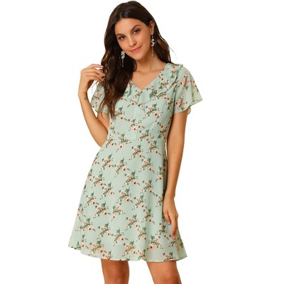 Allegra K Women's Ruffle Neck Short Sleeve A-Line Flowy Chiffon Floral Dress