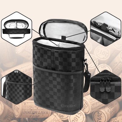 Checkered Black Insulated 2 Bottle Wine Carrier Tote