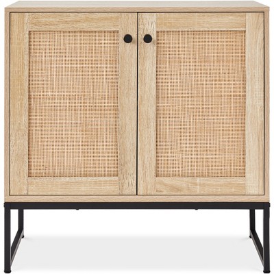 Natural Rattan 2-Door Storage Cabinet with Black Metal Legs