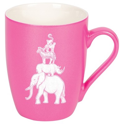 Elanze Designs 10 Ounce Ceramic Decorative Laser Engraved Elephant Rhino Zebra Cheetah Lemur Giftable Novelty Tea Coffee Cup Mug Princess Pink Stacked