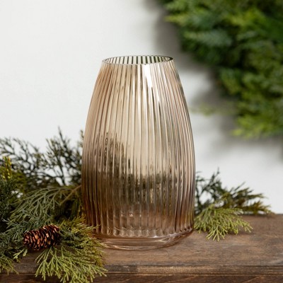 Amber Ribbed Glass Decorative Vase, 10.5"