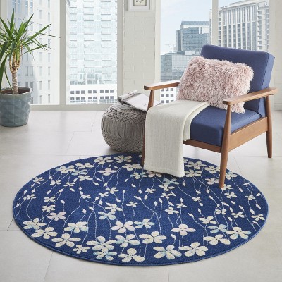 Handmade Navy Floral Viscose Round Area Rug, 63" Diameter