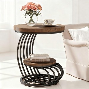 Gulches 2-Tier Round End Side Table (Light Brown) Vintage Accent Table with Storage Shelves and Arc-Shaped Frame - 1 of 2