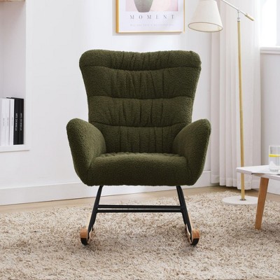 Aukfa Soft Teddy Fabric Rocking Chair w/Pocket - Ergonomic Nursery Glider, Solid Wood Base, 264LB Capacity for Living Room & Bedroom
