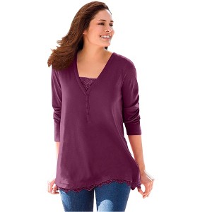 Woman Within Plus Size Layered-Look Lace Trim Tee - 1 of 4