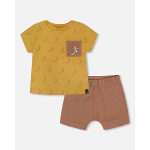 Deux par Deux Boy Printed Organic Cotton Top and Short Set Brown, Yellow, and Bananas - 1 of 4