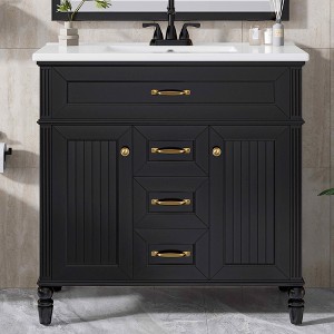 MAYEERTY 36" Bathroom Vanity with Sink White Freestanding Ceramic Basin MDF Solid Wood Flip-Out Drawer Soft Close Doors Golden Handles - 1 of 4
