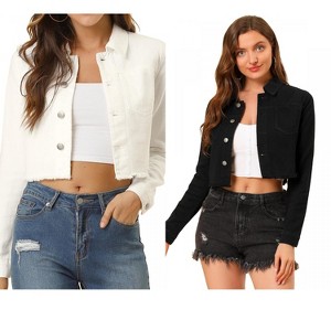 INSPIRE CHIC Women's Turn Down Frayed Button Down Washed Cropped Denim Jacket 2 Packs - 1 of 4
