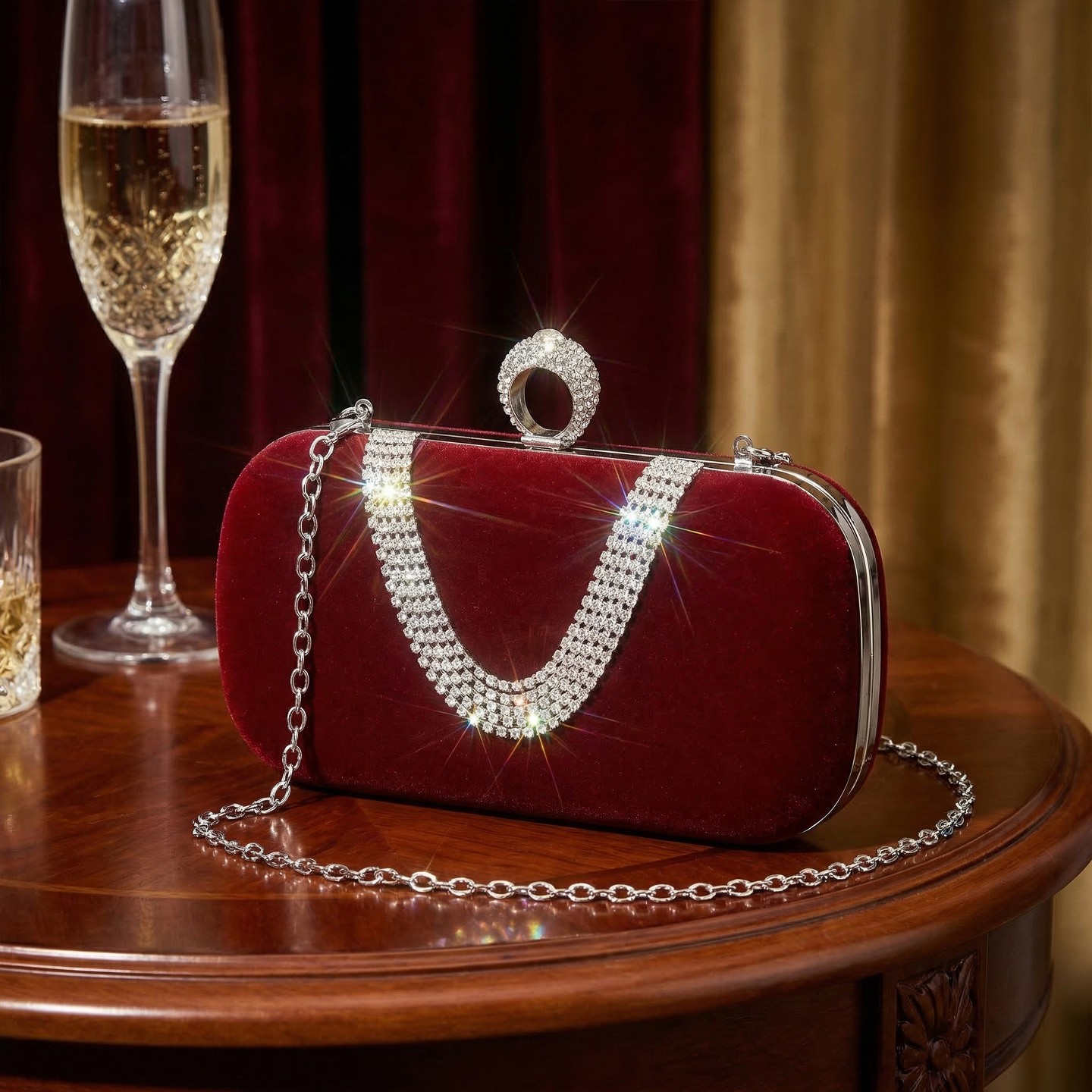 Женские клатчи INSPIRE CHIC 2 Packs U Shaped Evening for Women Rhinestone Clutch Purse with Removable Chain Burgundy/Navy blue 7.5*1.9*4.3 inches, цвет: Бордовый — фото 4