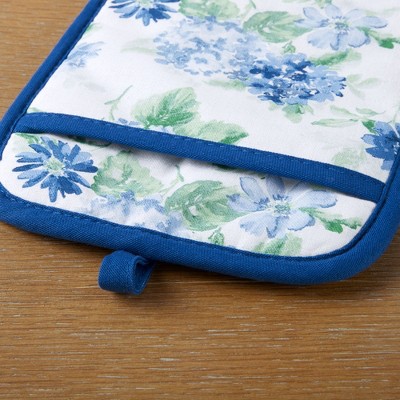 Blue Green Floral Cotton Oven Mitt and Pot Holder Set