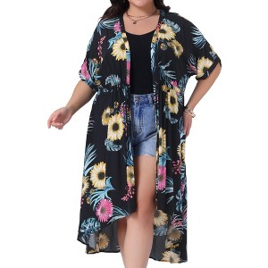 Agnes Orinda Women's Plus Size Drawstring Waist High-Low Hem Floral Print Cardigan Cover-Up - 1 of 4
