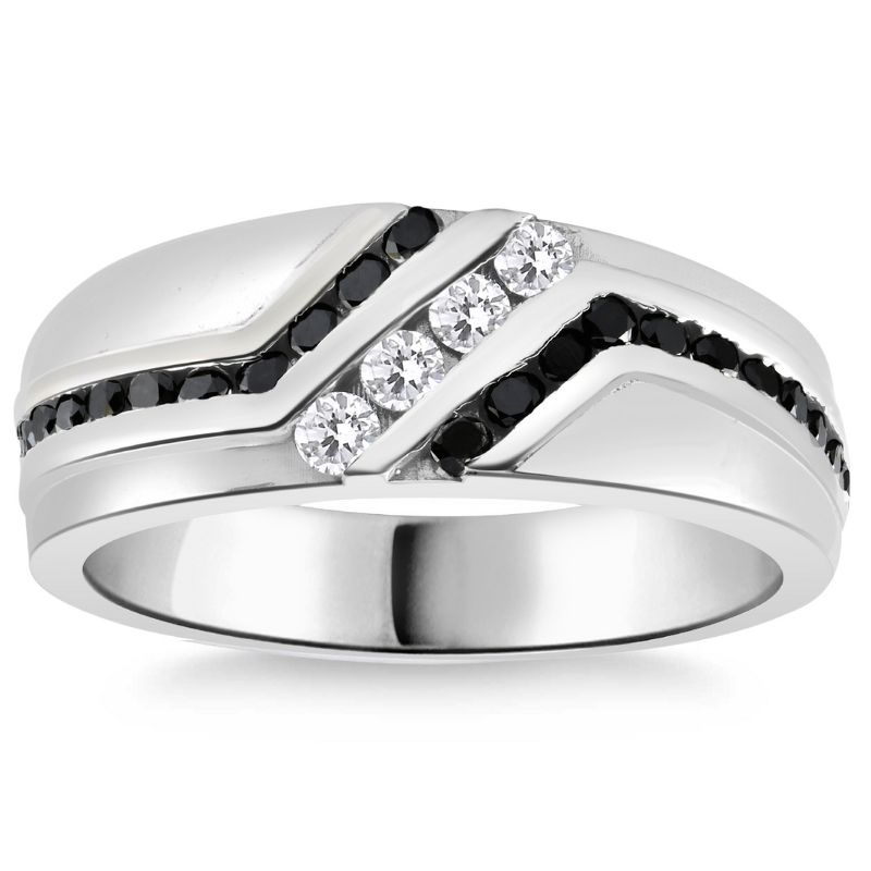 Pompeii3 1 Ct TW Mens Black & White Diamond Wedding Band 10k White Gold Ring, 1 of 5