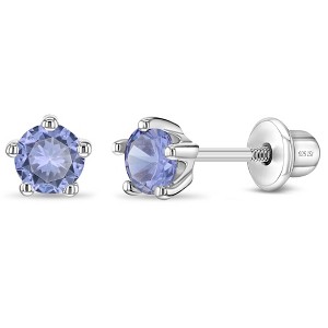 Girl's Classic CZ Birthstone Solitaire Screw Back Sterling Silver Earrings - In Season Jewelry - 1 of 4