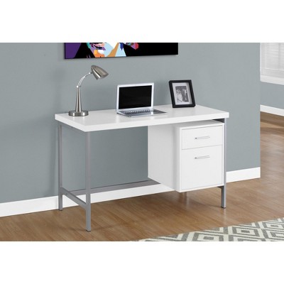 Vynxaria 48" White Computer Desk Grey Metal Frame Reversible Setup Storage Drawers for Home Office Laptop Work