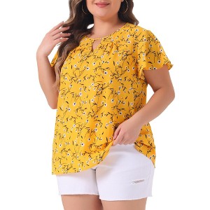 Agnes Orinda Plus Size Womens Tops Keyhole Flutter Short Sleeve Chiffon Floral Pattern - 1 of 4