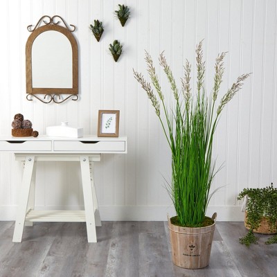 Tall Green Artificial Wheat Grass in Rustic Wooden Planter