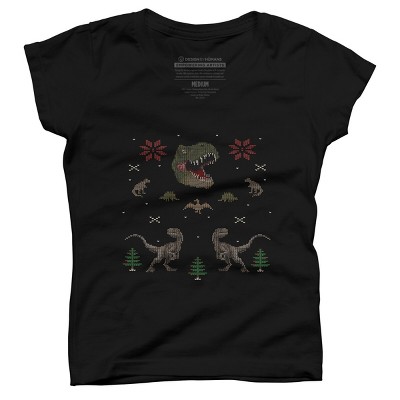 Girl's Design By Humans Ugly Dino Christmas Sweater By AnotheHero T-Shirt