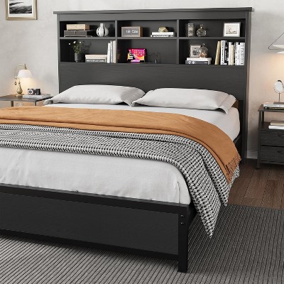 Bed Frame with Bookcase Storage, 2-Tier High Headboard Platform Bed with Charging Station, No Box Spring Needed Easy Assemble, Black