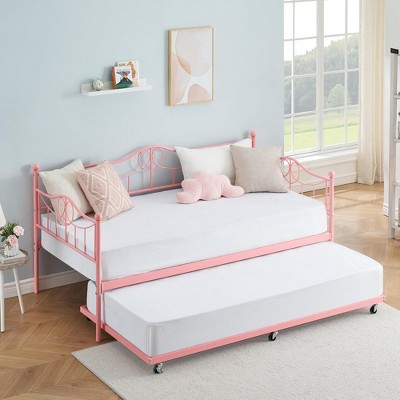 Garvee Twin Daybed with Trundle Bed,Metal Twin Day Bed Twin Size with Steel Slat Support, Sofa Bed for Living Room and Guest Room , Pink