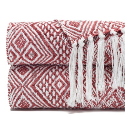 Rust Diamond Pattern Cotton Throw Blanket with Tassels