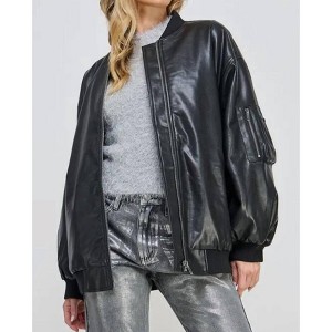 Women's Zip Up Pockets PU Faux Leather Bomber Jacket - Miss Love - 1 of 4