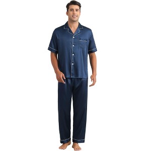 INSPIRE CHIC Men's Button Down Short Sleeve Casual Satin Pajamas Sets 2 Pieces - 1 of 4