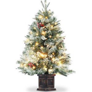 Decoration Tree,Pre-Lit Flocked Artificial Christmas Tree with Pine Cones, Artificial Xmas Tree w/ 386 Branch Tips , Antique Urn Base for Home - 1 of 4