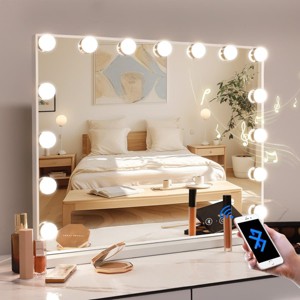 Angel Sar Vanity Mirror with Lights & Bluetooth Speaker, 22.8"x18.1" Makeup Mirror with 15 Dimmable LEDs, 3 Color Modes, USB Charging Port - 1 of 4