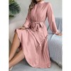 Women's Mock Neck Belted Pleated Midi Dress - Long Sleeve Flowy Swing Dress for Formal & Casual - 3 of 4