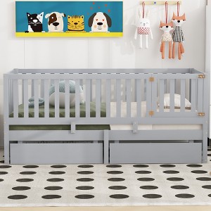 YOOCOZZ Twin Size Wooden Daybed with Fence Guardrails and 2 Storage Drawers, Convertible into an Independent Floor Bed and Daybed - 1 of 4